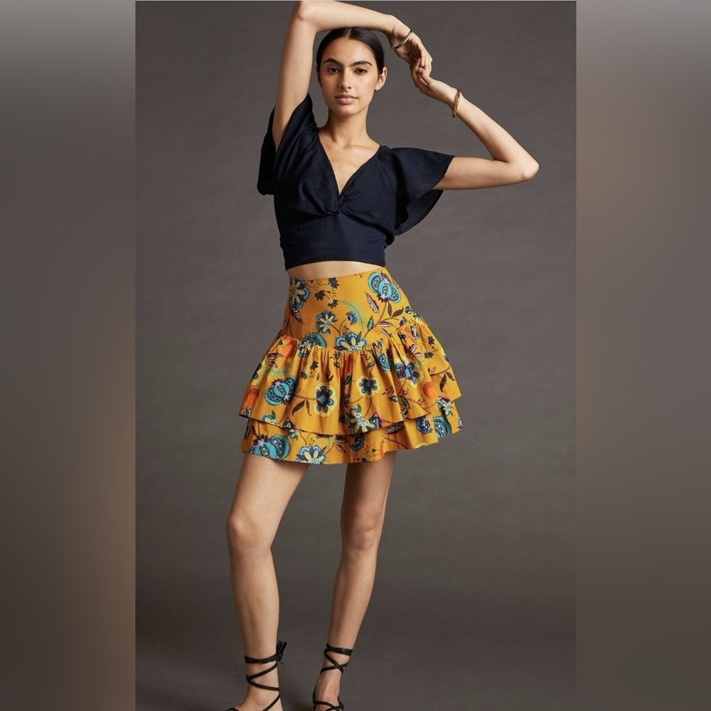 Anthropologie Maeve Tiered Ruffle Skirt Floral Yellow Sz M cotton - Picture 1 of 5